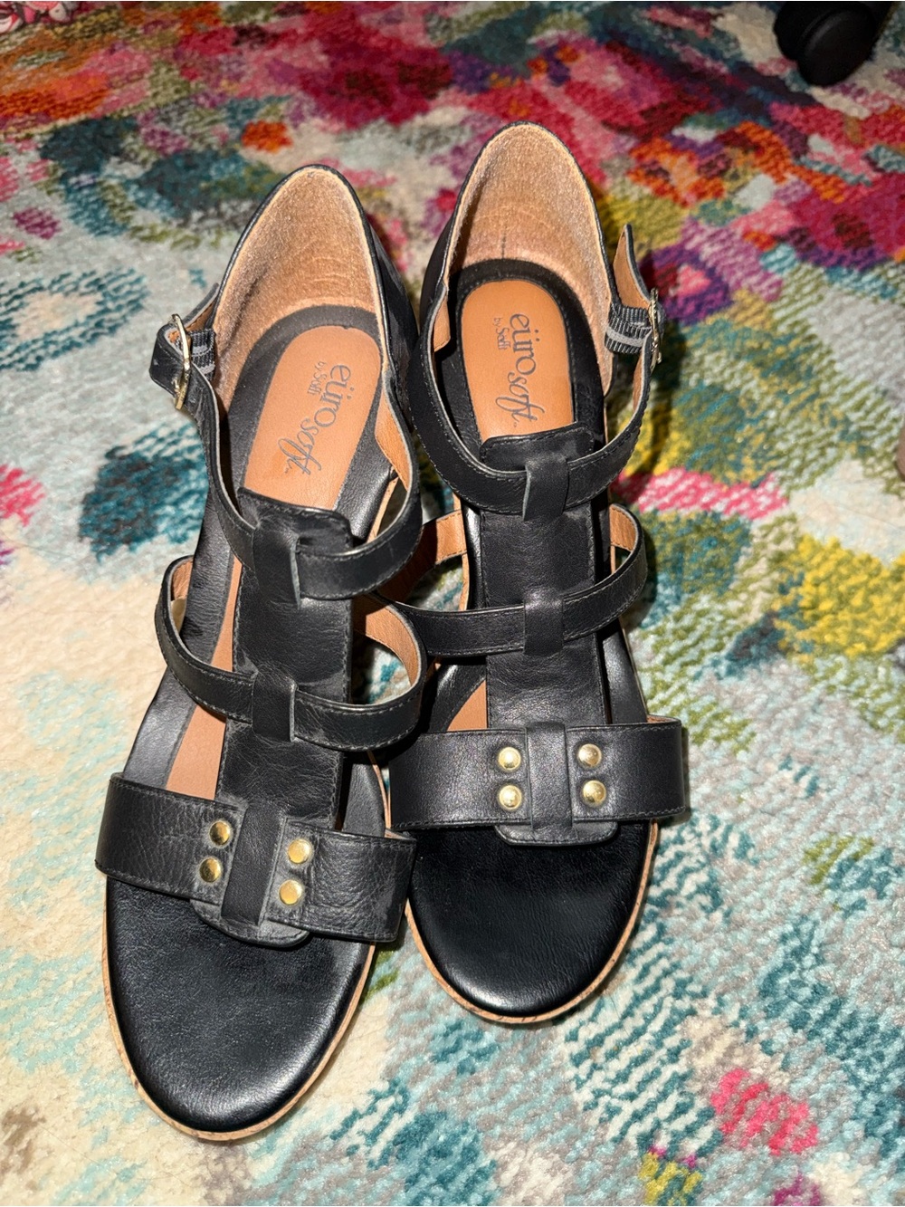 EuroSoft Black Leather Strappy Heeled Sandals